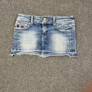 Miss Me Denim Mini Skirt Medium Distressed Raw Hem Stretch Low Rise